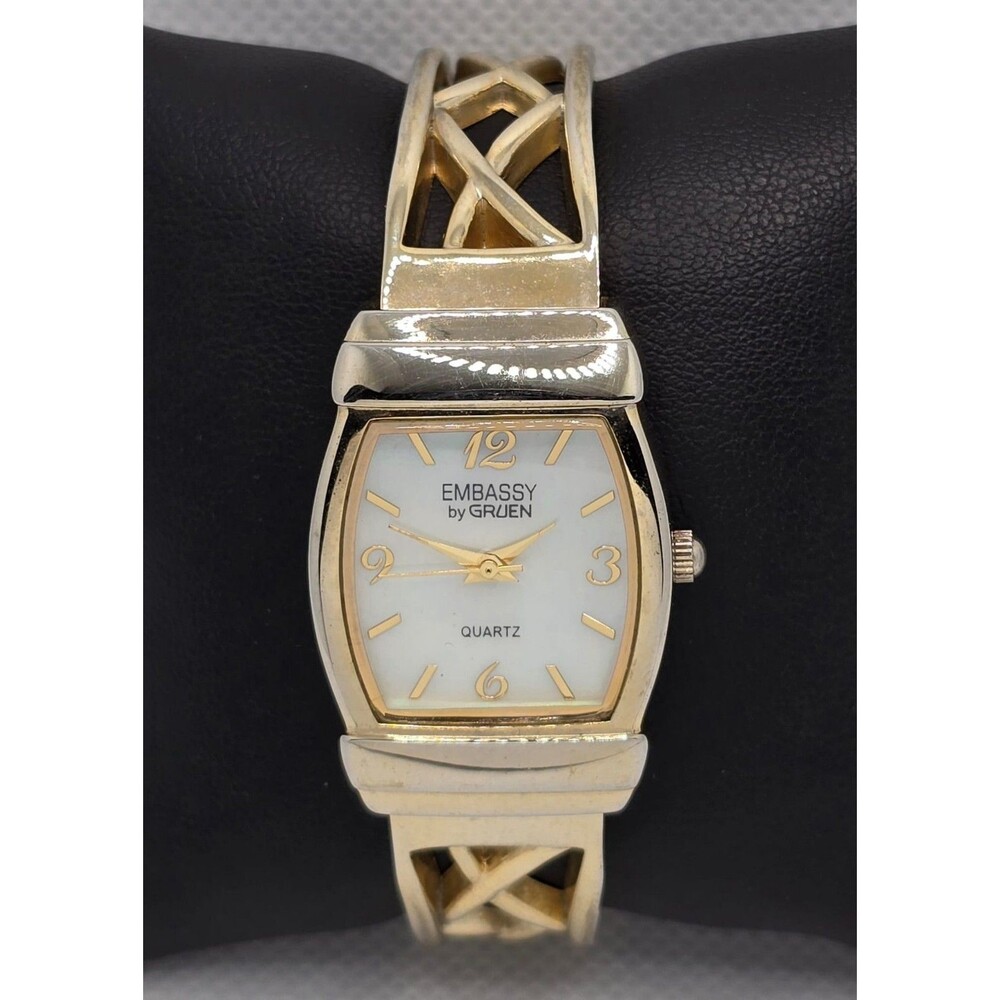 Women's Embassy by Gruen White Dial Gold Tone Case Cuff Bracelet Watch 04